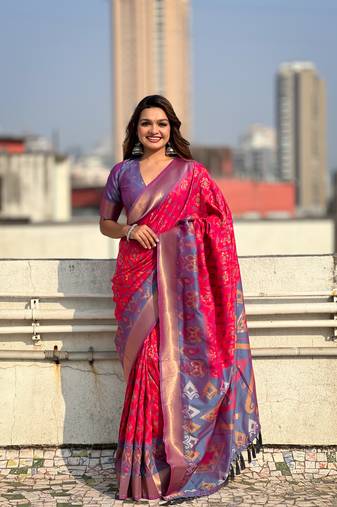 Pink soft silk blend zari woven patola saree with contrast weaves