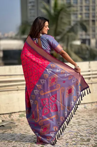 Pink soft silk blend zari woven patola saree with contrast weaves