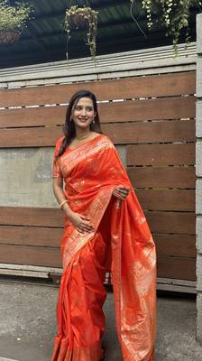 Orange banarasi jaal soft silk blend zari woven saree 1