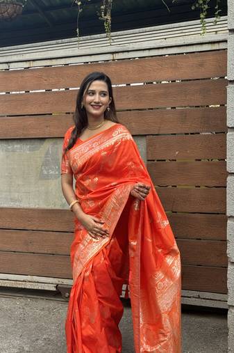 Orange banarasi jaal soft silk blend zari woven saree