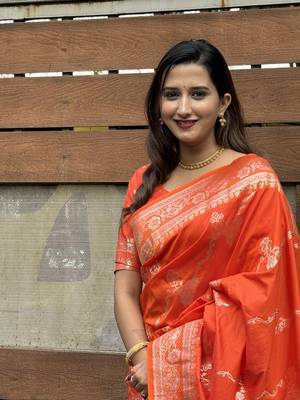Orange banarasi jaal soft silk blend zari woven saree 3