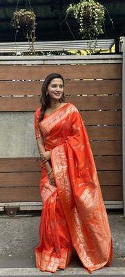 Orange banarasi jaal soft silk blend zari woven saree 4