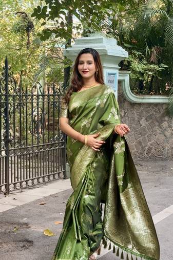 Mehendi green banarasi jaal soft silk blend zari woven saree