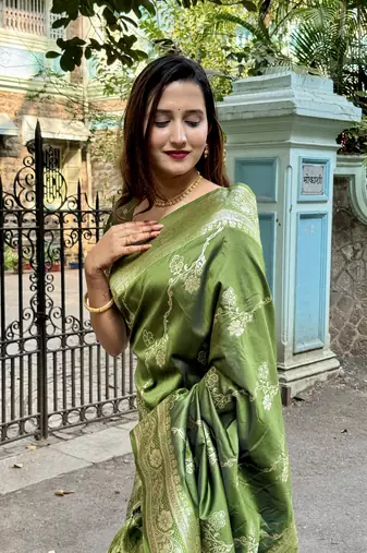 Mehendi green banarasi jaal soft silk blend zari woven saree