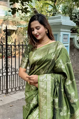 Mehendi green banarasi jaal soft silk blend zari woven saree