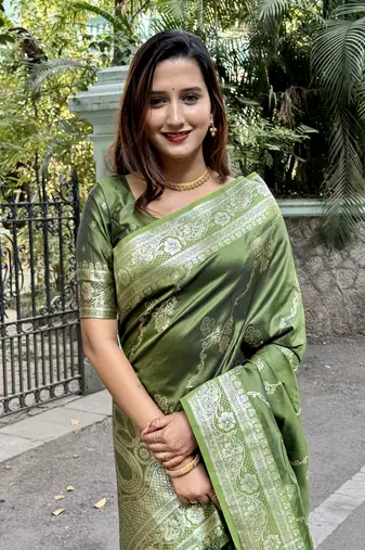 Mehendi green banarasi jaal soft silk blend zari woven saree