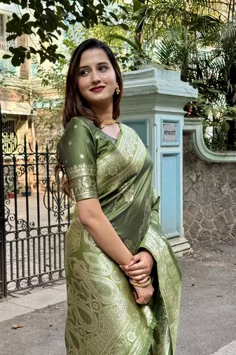 Mehendi green banarasi jaal soft silk blend zari woven saree