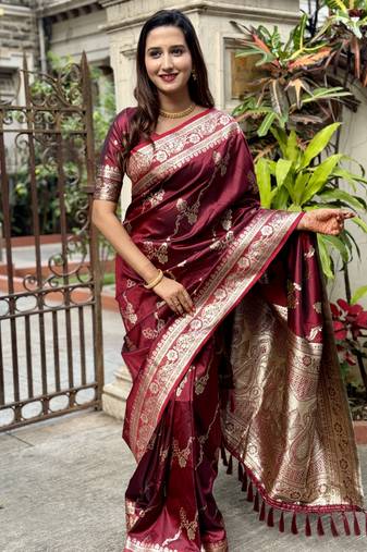 Maroon banarasi jaal soft silk blend zari woven saree