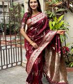 Maroon banarasi jaal soft silk blend zari woven saree