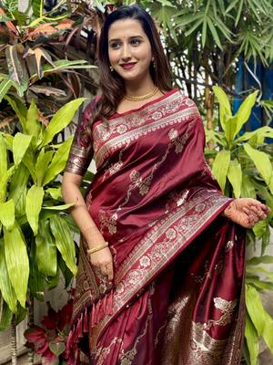 Maroon banarasi jaal soft silk blend zari woven saree 2