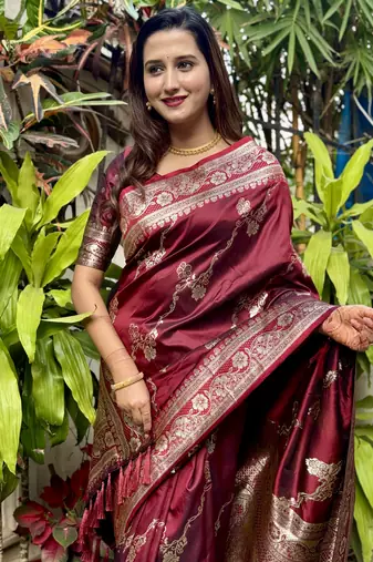 Maroon banarasi jaal soft silk blend zari woven saree
