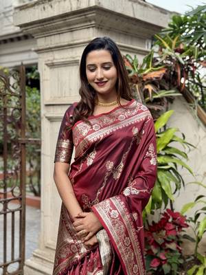 Maroon banarasi jaal soft silk blend zari woven saree 3