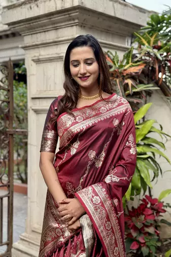 Maroon banarasi jaal soft silk blend zari woven saree