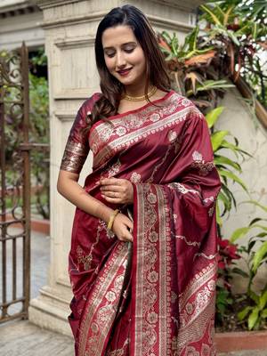 Maroon banarasi jaal soft silk blend zari woven saree 4