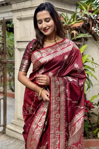Maroon banarasi jaal soft silk blend zari woven saree