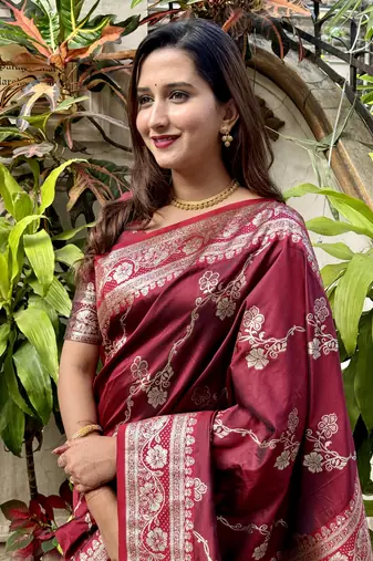 Maroon banarasi jaal soft silk blend zari woven saree