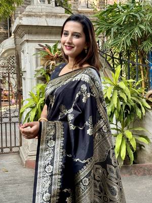 Trending black banarasi jaal soft silk blend zari woven saree 1