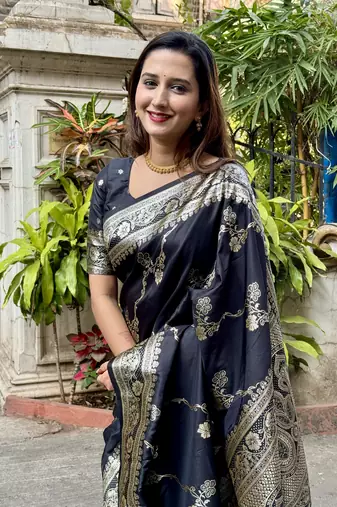 Trending black banarasi jaal soft silk blend zari woven saree