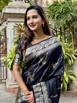Trending black banarasi jaal soft silk blend zari woven saree 3