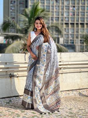 Grey chanderi crush silk blend floral printed saree with zari woven jacquard panel border 1