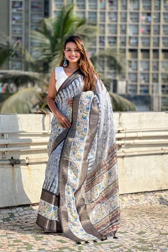 Grey chanderi crush silk blend floral printed saree with zari woven jacquard panel border