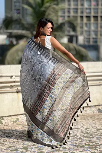 Grey chanderi crush silk blend floral printed saree with zari woven jacquard panel border