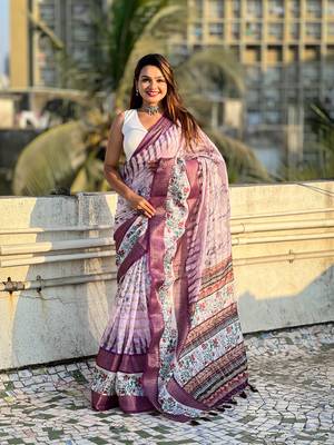 Lavender chanderi crush silk blend floral printed saree with zari woven jacquard panel border 1