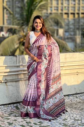 Lavender chanderi crush silk blend floral printed saree with zari woven jacquard panel border