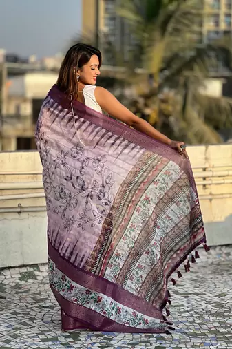 Lavender chanderi crush silk blend floral printed saree with zari woven jacquard panel border