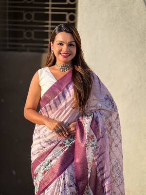 Lavender chanderi crush silk blend floral printed saree with zari woven jacquard panel border 3