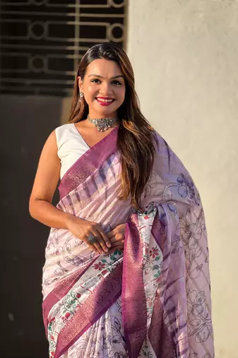 Lavender chanderi crush silk blend floral printed saree with zari woven jacquard panel border