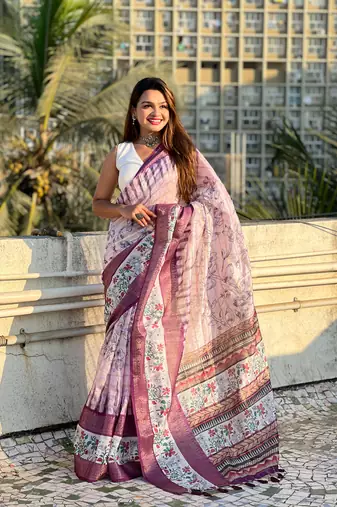 Lavender chanderi crush silk blend floral printed saree with zari woven jacquard panel border