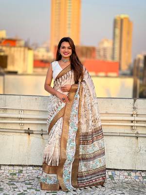 Mehendi green chanderi crush silk blend floral printed saree with zari woven jacquard panel border 1