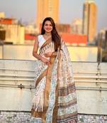 Mehendi green chanderi crush silk blend floral printed saree with zari woven jacquard panel border