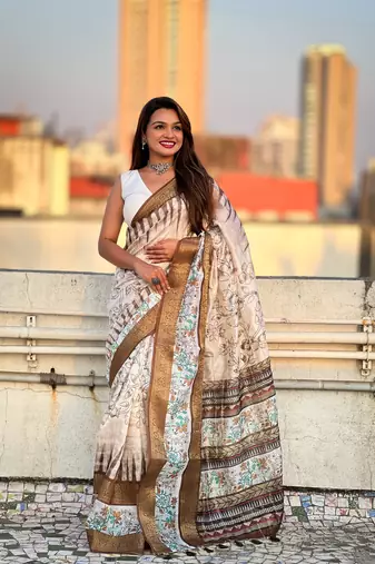 Mehendi green chanderi crush silk blend floral printed saree with zari woven jacquard panel border