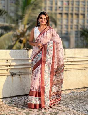Pink chanderi crush silk blend floral printed saree with zari woven jacquard panel border 1