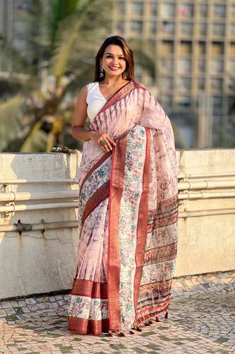 Pink chanderi crush silk blend floral printed saree with zari woven jacquard panel border