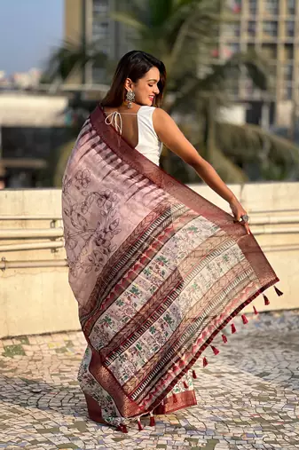 Pink chanderi crush silk blend floral printed saree with zari woven jacquard panel border