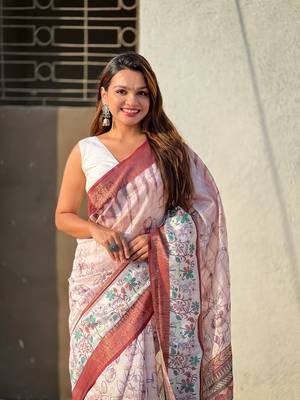 Pink chanderi crush silk blend floral printed saree with zari woven jacquard panel border 3