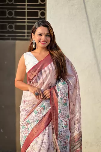 Pink chanderi crush silk blend floral printed saree with zari woven jacquard panel border