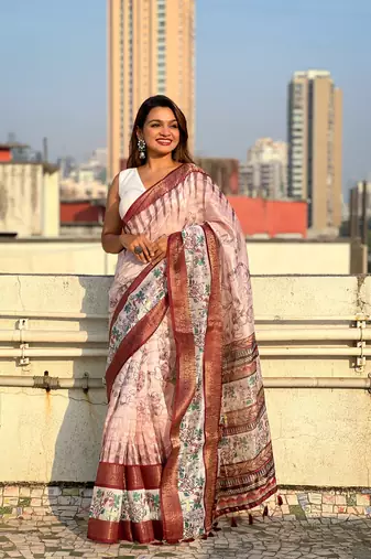 Pink chanderi crush silk blend floral printed saree with zari woven jacquard panel border