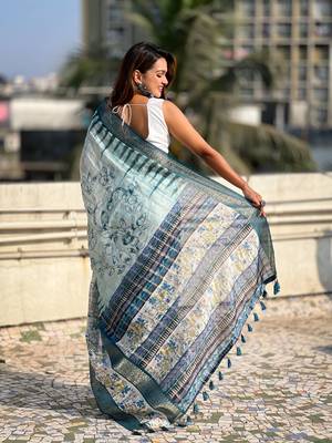 Sky chanderi crush silk blend floral printed saree with zari woven jacquard panel border 2