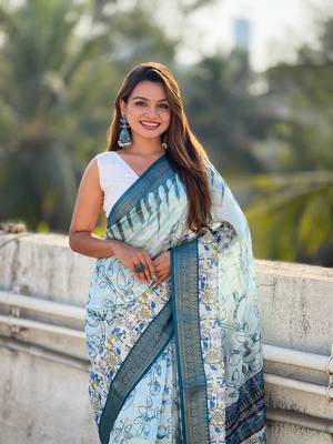 Sky chanderi crush silk blend floral printed saree with zari woven jacquard panel border 3