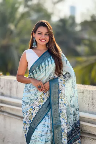 Sky chanderi crush silk blend floral printed saree with zari woven jacquard panel border
