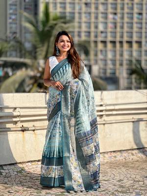 Sky chanderi crush silk blend floral printed saree with zari woven jacquard panel border 1
