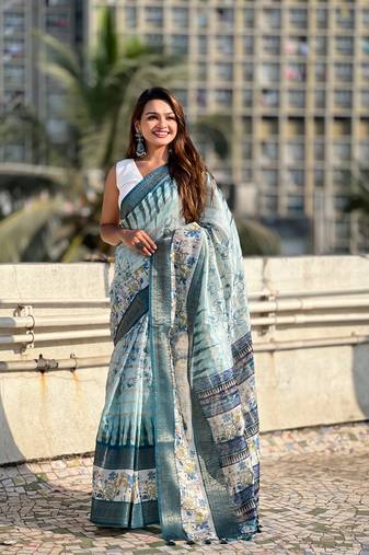Sky chanderi crush silk blend floral printed saree with zari woven jacquard panel border