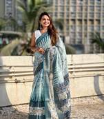 Sky chanderi crush silk blend floral printed saree with zari woven jacquard panel border