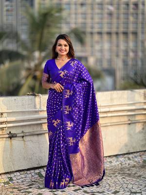 Violet soft silk blend dual zari woven saree with deer border 1