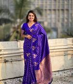 Violet soft silk blend dual zari woven saree with deer border