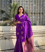 Purple soft silk blend dual zari woven saree with deer border